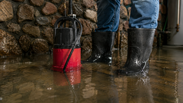 Floodwater around a red submersible pump and black boots beside a stone wall