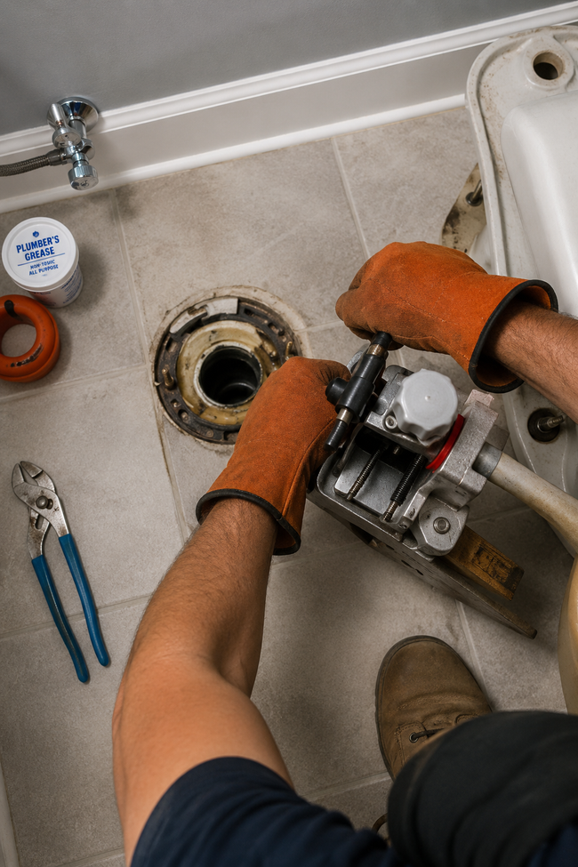 Plumber in orange gloves working on a sink drain with tools in a bathroom.