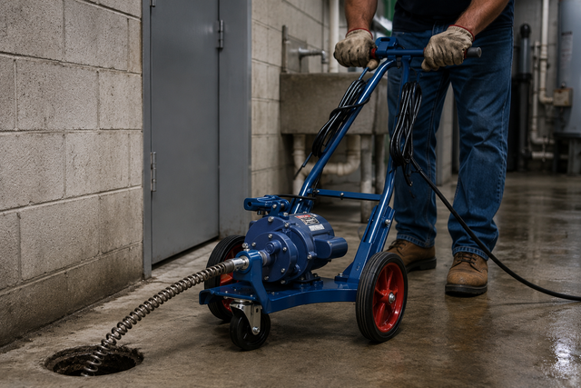 Worker using a blue drain-cleaning machine in a concrete alley, clearing a clogged drain.