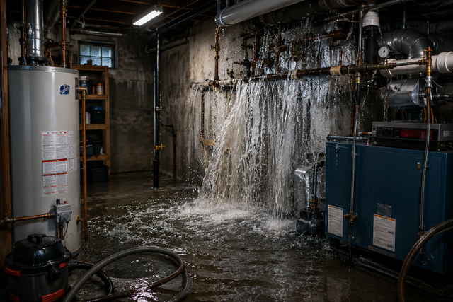 Flooded industrial basement with water pouring from a leaking wall beside pipes and machinery