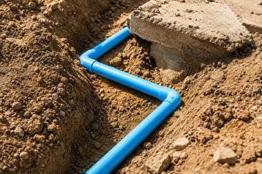 Blue PVC pipe laid in a dirt trench beside a concrete slab during construction