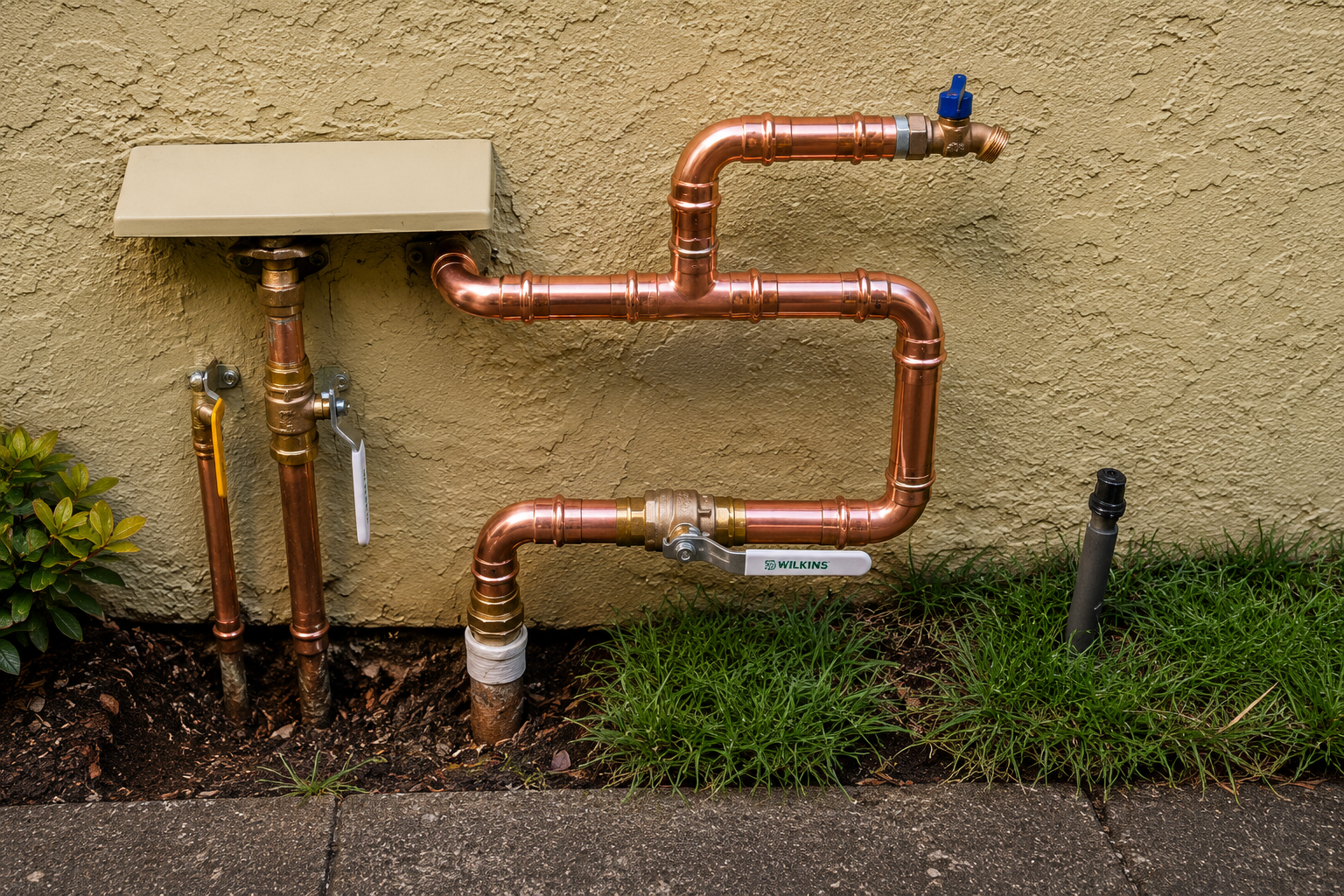 Copper utility pipes and valves mounted on a beige stucco wall outdoors.