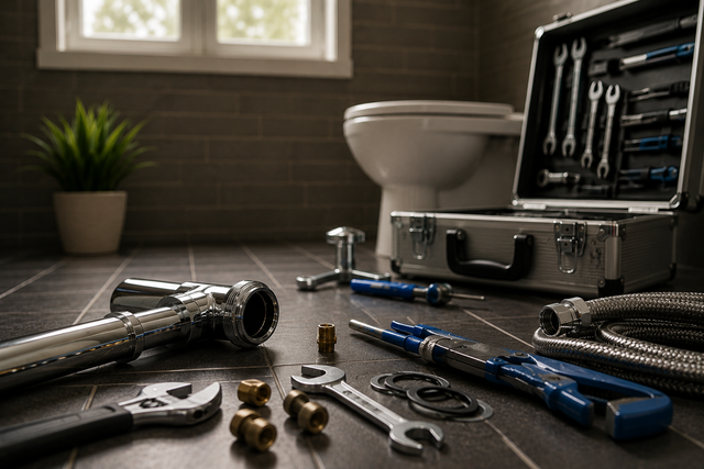 Bathroom floor with scattered plumbing tools and an open toolbox near a toilet and sink