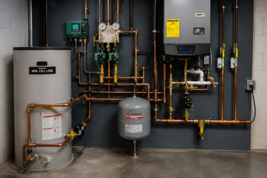 Industrial utility room with gray electrical panels, copper pipes, and a water tank on a dark wall