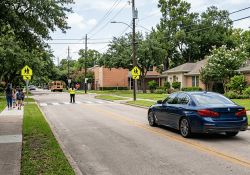 Blue BMW sedan driving through a school zone with a crossing guard, students, and a school bus