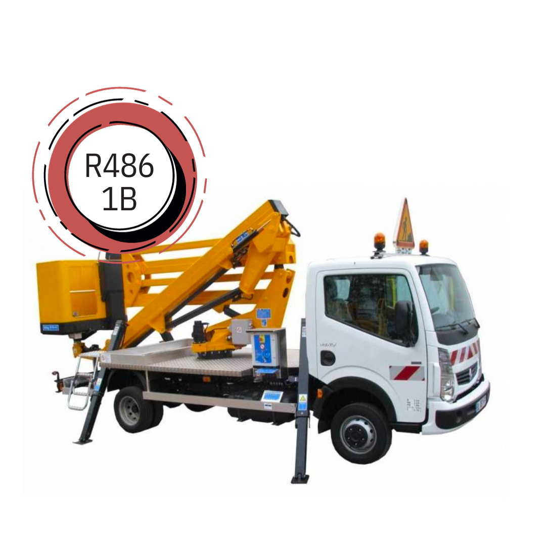 Un camion jaune et blanc avec une grue attachée dessus.