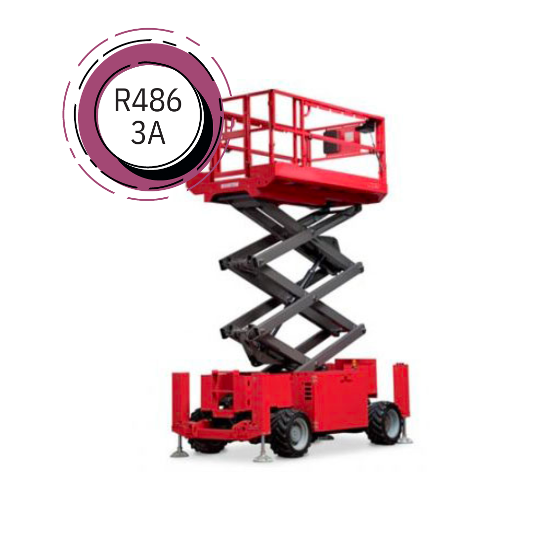 Un élévateur à ciseaux rouge avec un cercle violet autour qui dit r486 3a