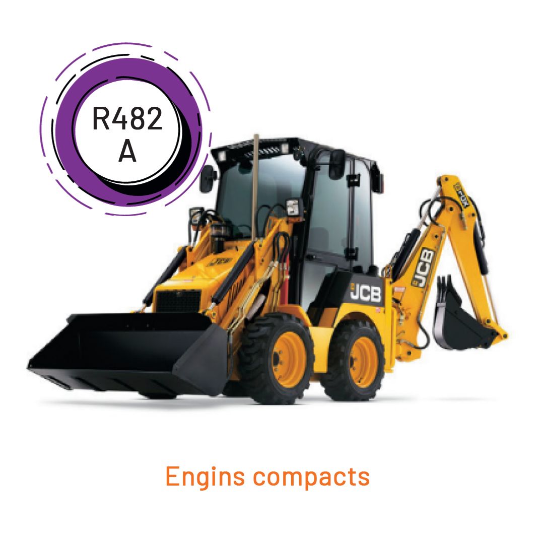 Une rétrocaveuse JCB jaune avec un cercle violet autour qui dit R482 A Engines Compacts