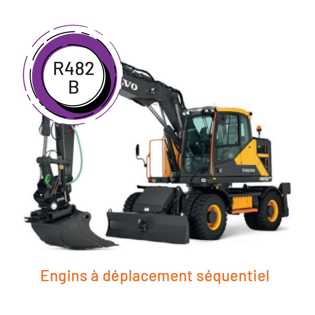 Une excavatrice jaune et noire avec un cercle violet autour qui dit r482 b