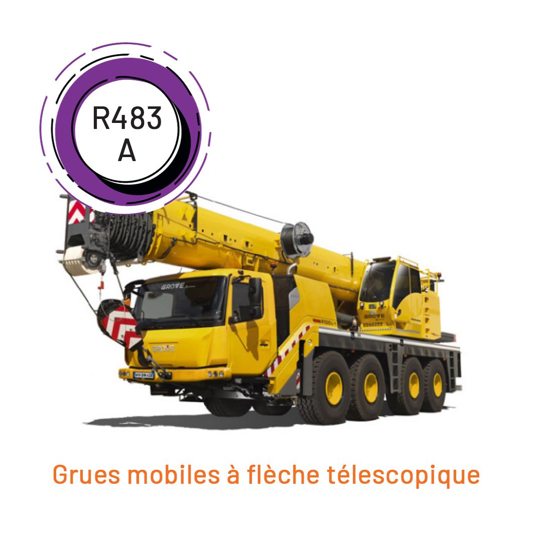 Un camion jaune avec un cercle violet autour qui dit r483 a