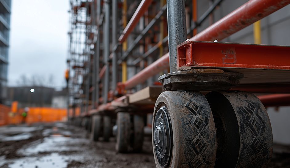 Une rangée d'échafaudages à roues sur un chantier de construction.