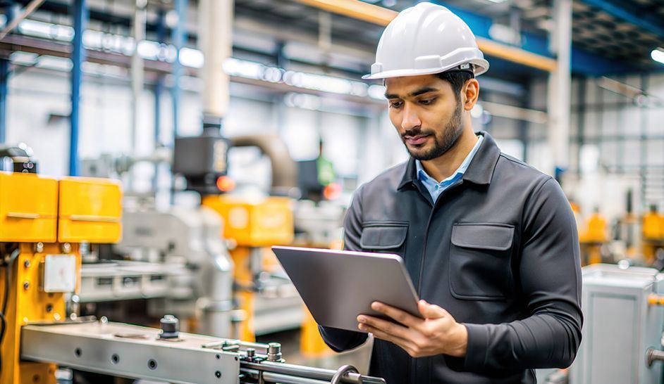 Un homme portant un casque regarde une tablette dans une usine.