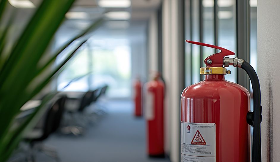 Un extincteur rouge est accroché au mur dans un couloir.