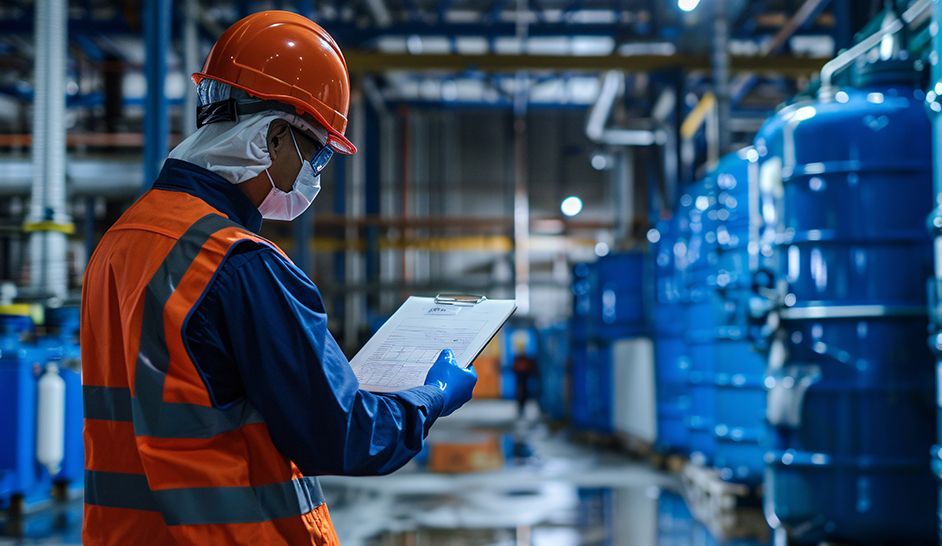 Un homme portant un casque de sécurité et un gilet de sécurité regarde un presse-papiers dans une usine.