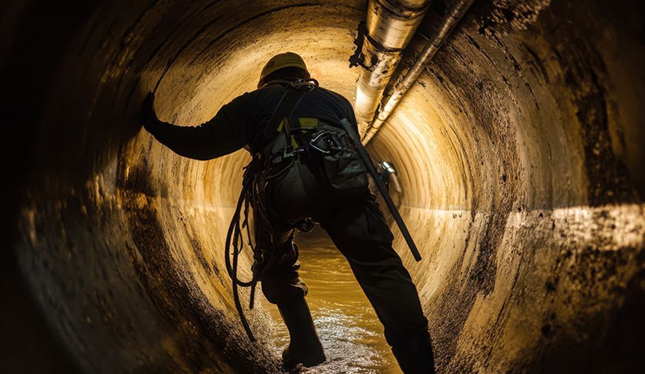 Un homme marche dans un tunnel avec un casque.