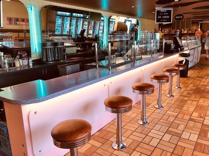 A diner with a long counter and stools