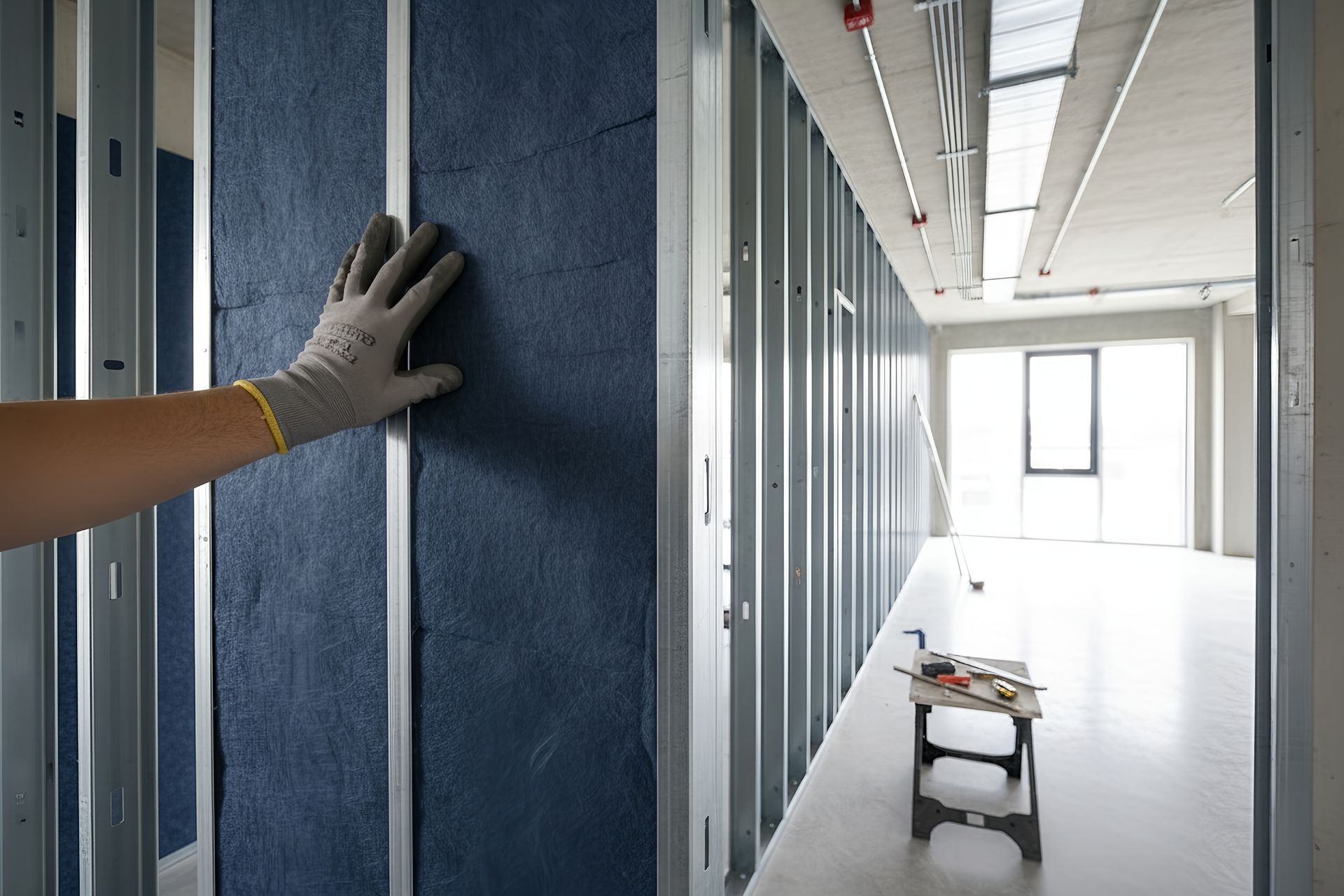 A gloved hand touches dark blue acoustic insulation installed between metal wall studs in a construction setting.