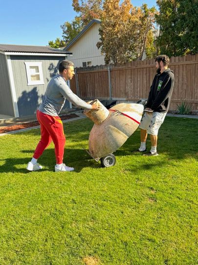 Two people outdoors on grass move a large sack on a cart in a sunny backyard.