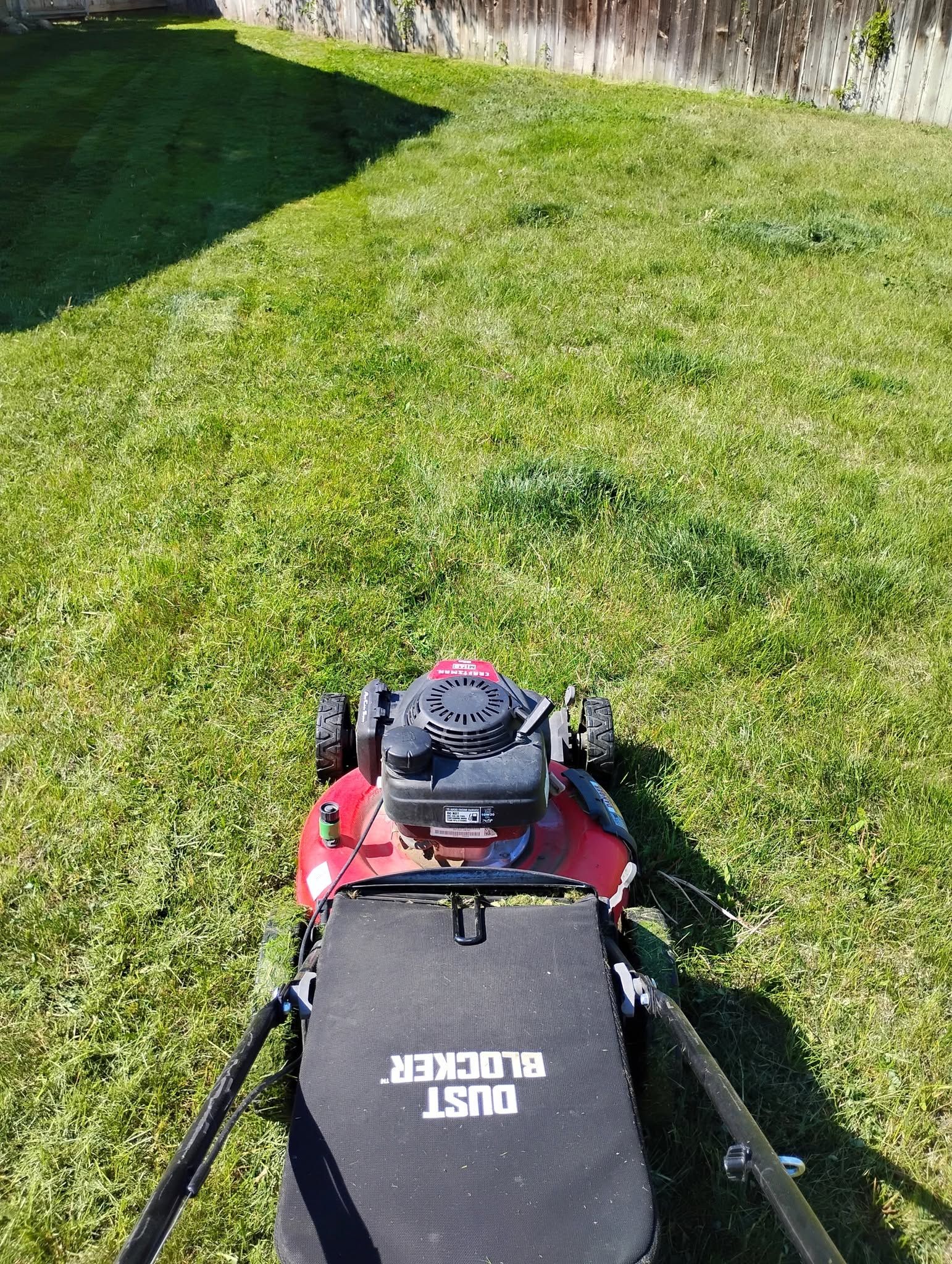 Red lawn mower on a grassy yard, viewed from behind with sunlight and shadow.