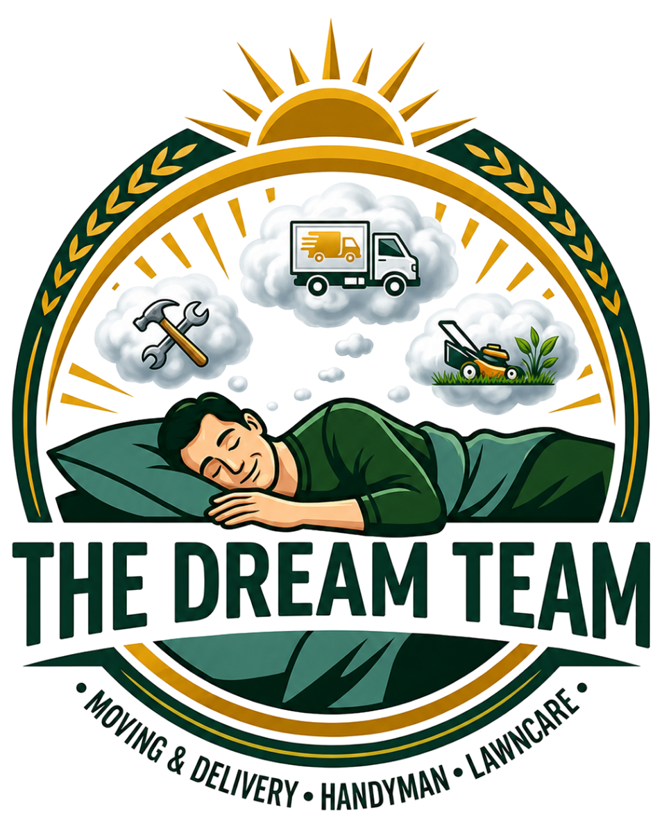 Logo for The Dream Team with sleeping worker, sun, tools, delivery truck, and lawn mower icons