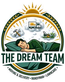 Logo for The Dream Team with sleeping worker, sun, tools, delivery truck, and lawn mower icons