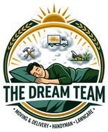 Logo for The Dream Team with sleeping man, truck, tools, mower, sun, and “Moving & Delivery • Handyman • Lawncare”