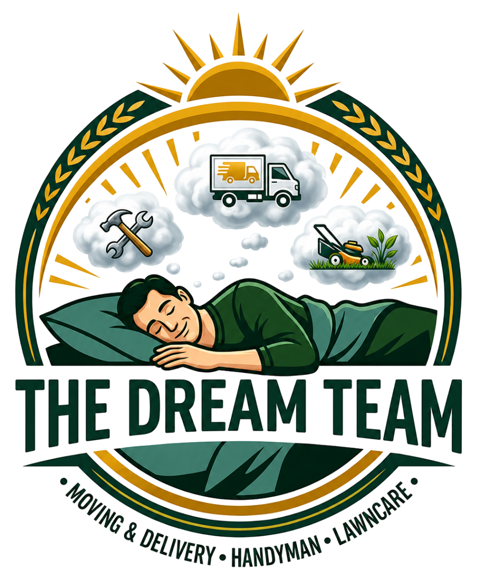 Logo for The Dream Team with sleeping man, truck, tools, mower, sun, and “Moving & Delivery • Handyman • Lawncare”