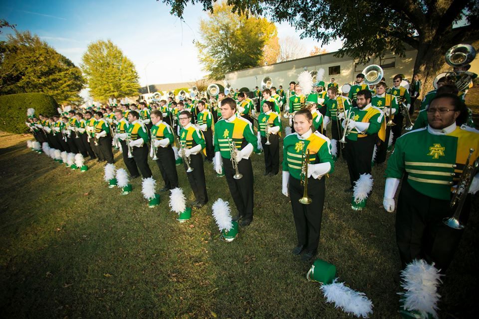 Marching band in green and white uniforms standing outdoors on a sunny field