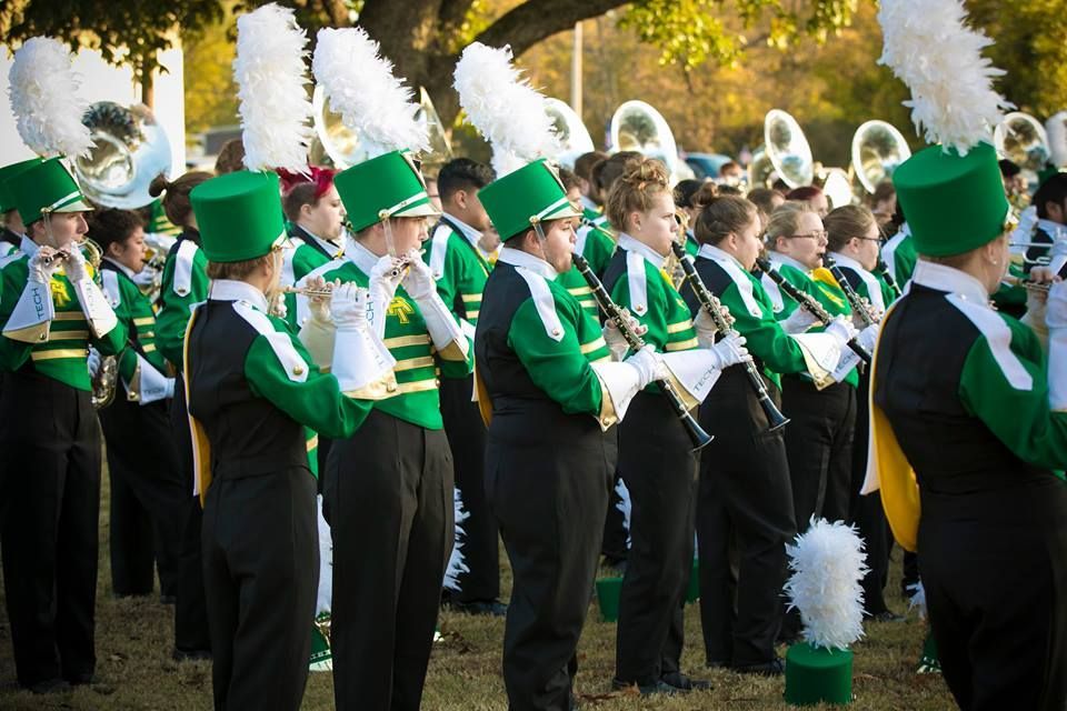 Marching band in green and white uniforms playing outdoors in a sunny park