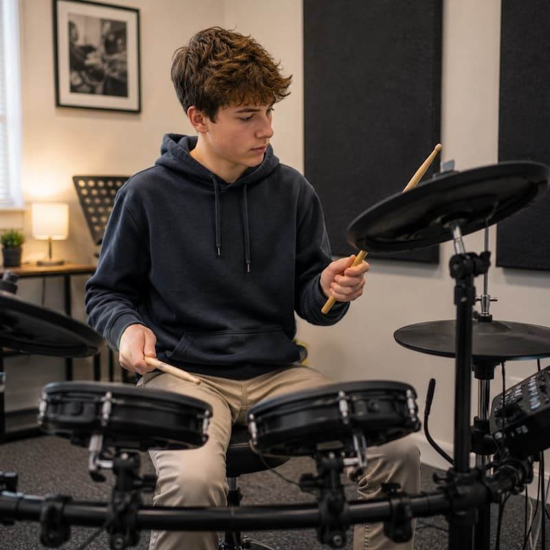Drum Lessons in New Hudson MI Drum lessons in New Hudson MI with student playing drum kit during private lesson