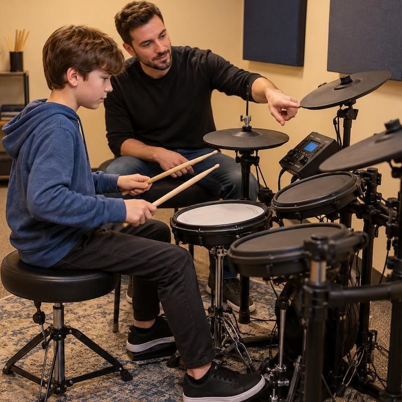 Drum teacher showing a young student a groove on the drum kit at New Hudson Music Academy