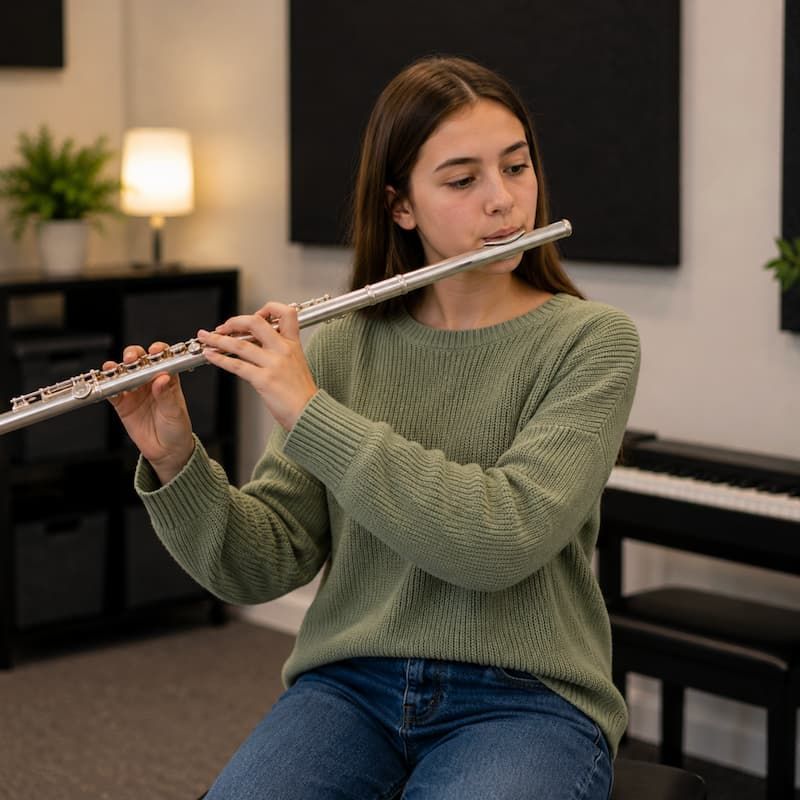 Flute lessons in New Hudson MI with student playing flute during private lesson
