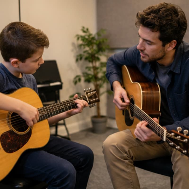 Guitar Lessons in New Hudson MI Guitar lessons in New Hudson MI with private instructor teaching student acoustic guitar