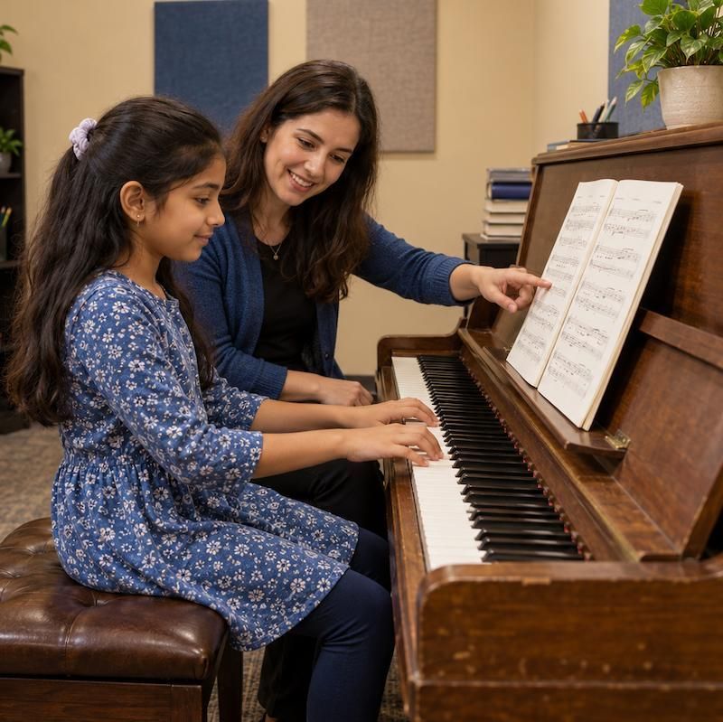 Piano teacher guiding a student through sheet music at New Hudson Music Academy