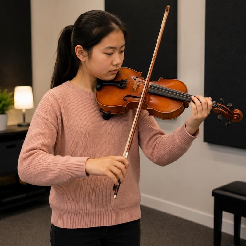 Violin lessons in New Hudson MI with student playing violin during private lesson