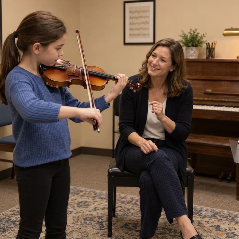 Young violin student playing for her smiling teacher during a lesson at New Hudson Music Academy