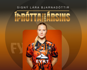 Signý Lára Bjarnadóttir in orange team jersey on a sports award poster