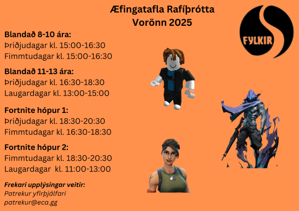 Appelsínugult veggspjald fyrir æfingaleiki unglinga í knattspyrnu hjá Fylkis, með æfingatímum og myndum af leikmönnum á svörtu