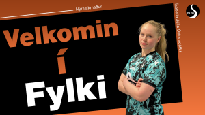 Appelsínugult og svart veggspjald með textanum „Velkomin í Fylki“ og konu standandi hægra megin.