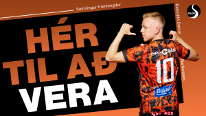 Appelsínugult og svart veggspjald með handboltamanni í rauðri og svörtu treyju og textanum „HER TIL AÐ VERA“