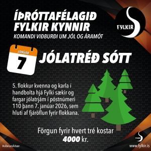 Jólatréshátíðarplakat fyrir unglinga í handbolta í Fylkis með grænum trjám, dagatalsmynd og svartrauðum hönnun.