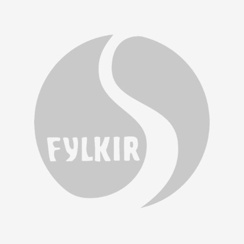 Grátt merki knattspyrnufélagsins Fylkis með hvítum stílhreinum hvirflum og orðinu „FYLKIR“