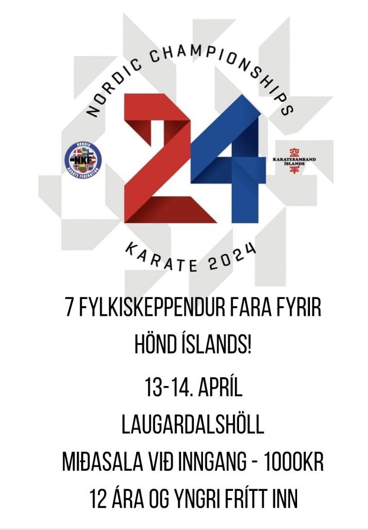 Veggspjald fyrir Norðurlandameistaramótið í karate 2024 með rauðum og bláum „24“ og upplýsingum um keppnina á Íslandi.