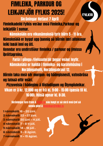 Appelsínugult viðburðarplakat fyrir Fimleikafjör þann 5. júlí 2025, með parkour-silúettum og íslenskum texta um fimleika og dans.
