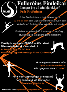 Dökk appelsínugult veggspjald fyrir fimleikakeppni á Íslandi, með hvítum texta og silúettum af fimleikakonum