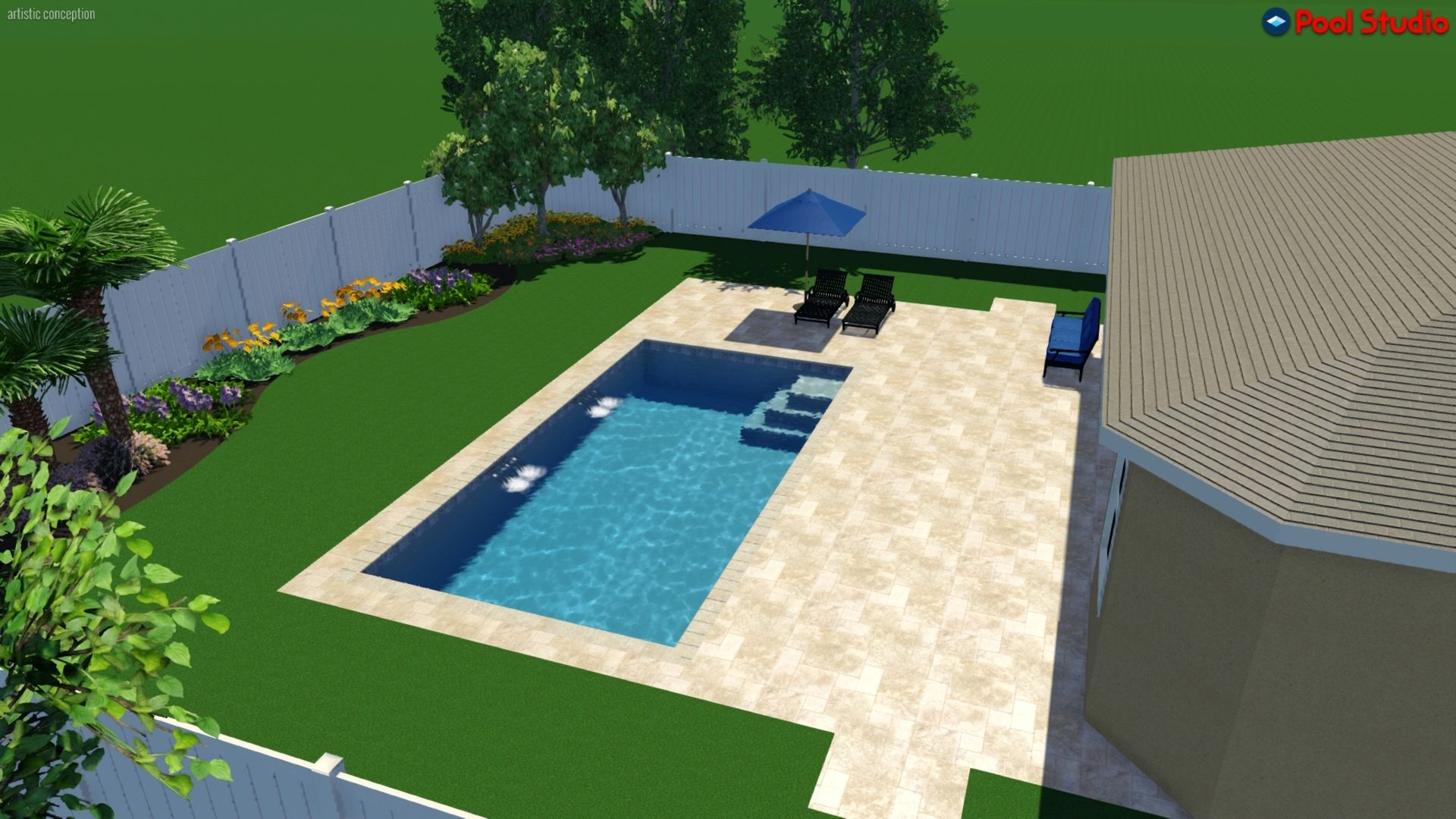 Backyard pool with blue water, lounge chairs, and paved patio beside a house