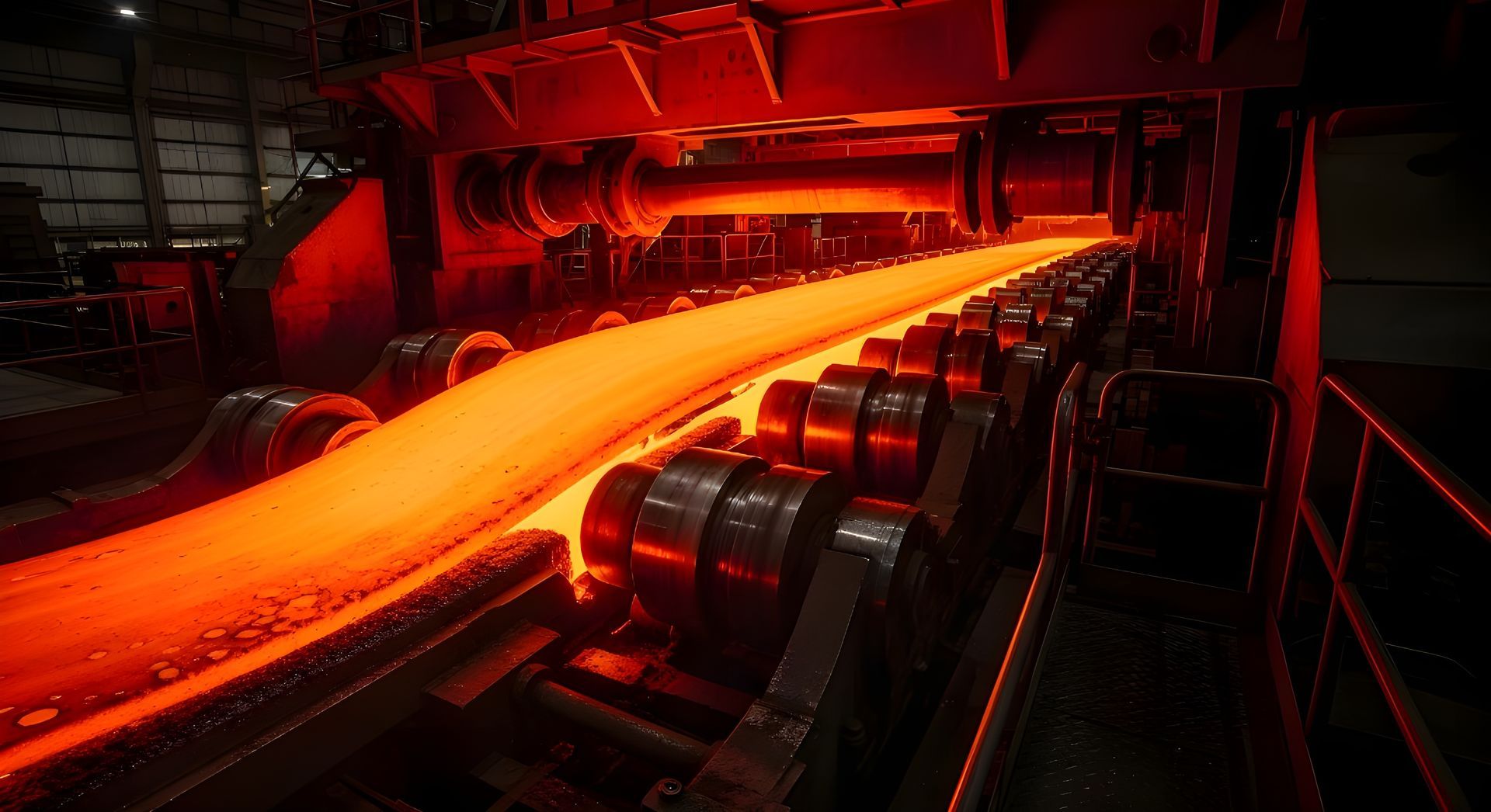 Red-hot steel slab moving through rollers inside an industrial hot rolling mill with glowing machinery. Red-hot steel slab moving through rollers inside an industrial hot rolling mill with glowing machinery.