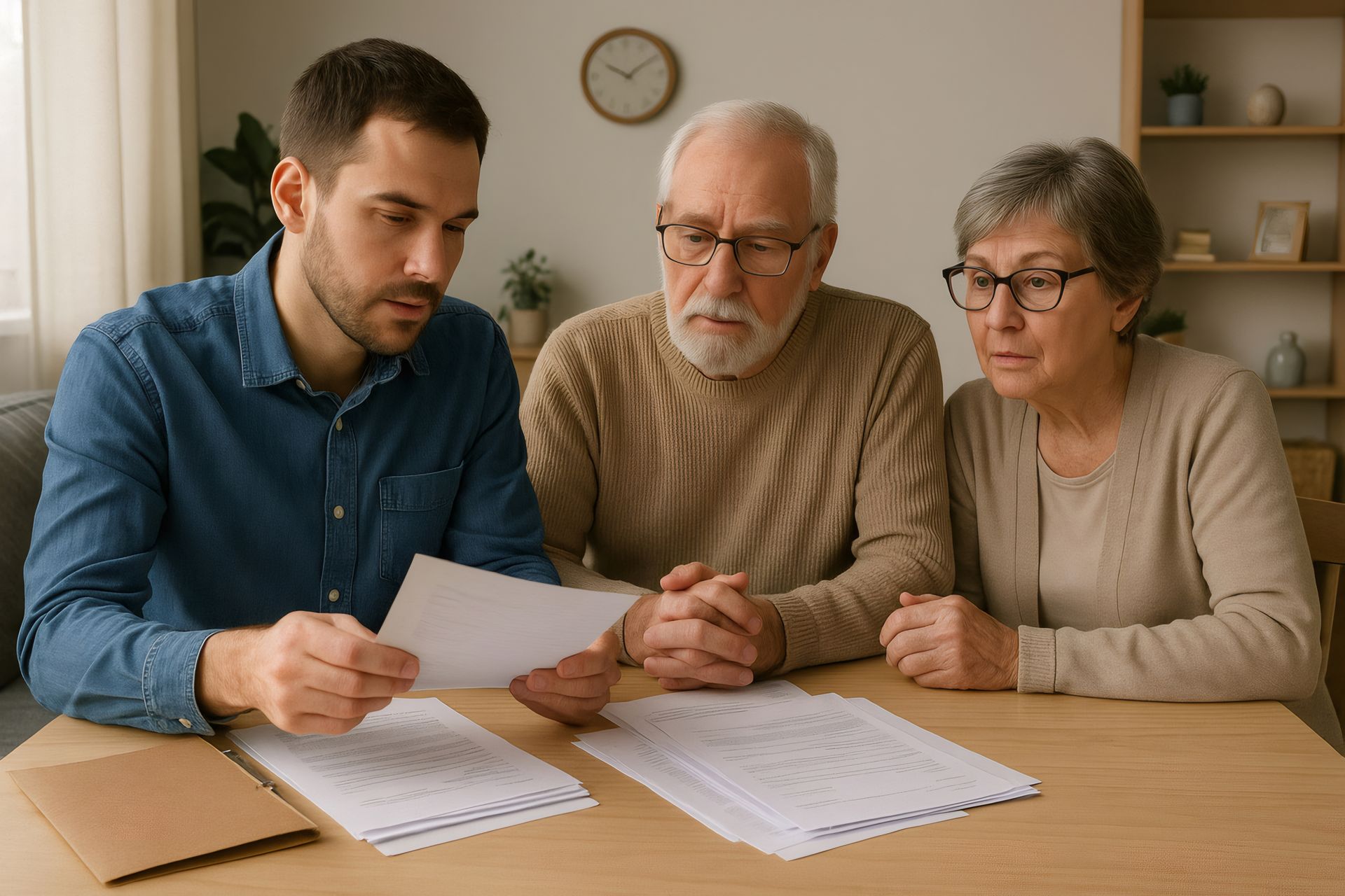A young man reviews documents with an elderly couple at a table. They all look concerned.