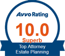A badge that says avvo rating 10.0 superb top attorney estate planning.
