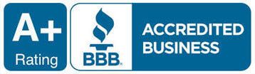 A blue and white sign that says a + accredited business.